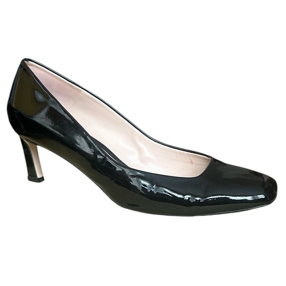 STUART WEITZMAN Black Patent Pumps Square Toe Slim Angled Architectural Heel - Picture 1 of 16